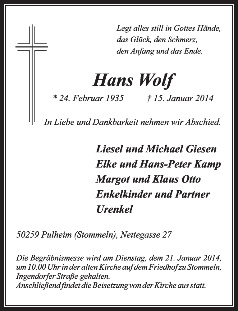  Traueranzeige für Hans Wolf vom 18.01.2014 aus  Sonntags-Post 