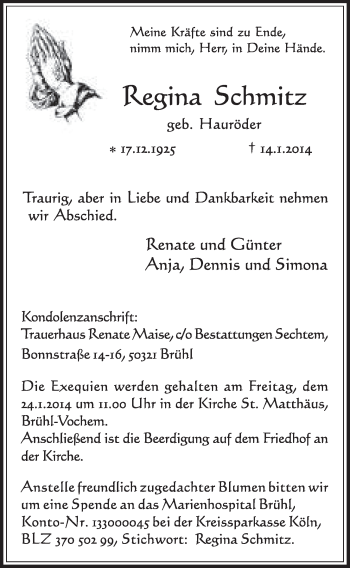 Anzeige von Regina Schmitz von  Schlossbote/Werbekurier 