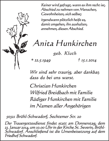 Anzeige von Anita Hunkirchen von  Schlossbote/Werbekurier 
