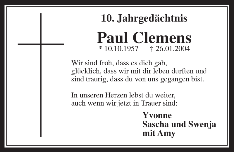  Traueranzeige für Paul Clemens vom 25.01.2014 aus  Sonntags-Post 