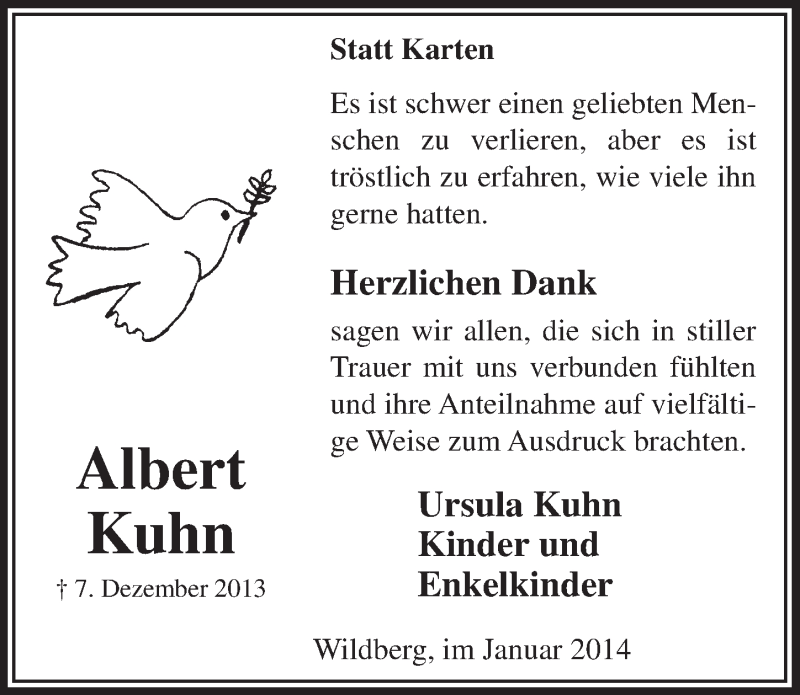  Traueranzeige für Albert Kuhn vom 22.01.2014 aus  Lokalanzeiger 