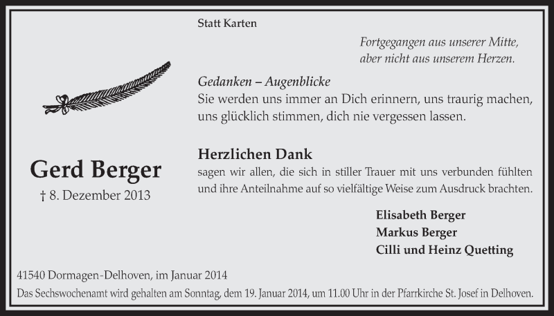  Traueranzeige für Gerd Berger vom 18.01.2014 aus  Sonntags-Post 