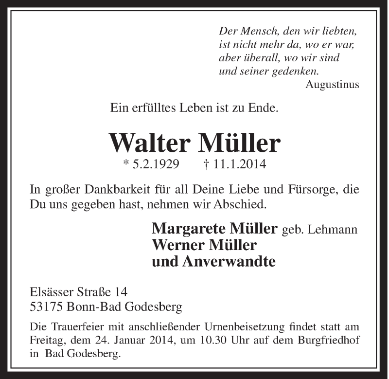  Traueranzeige für Walter Müller vom 22.01.2014 aus  Schaufenster/Blickpunkt 
