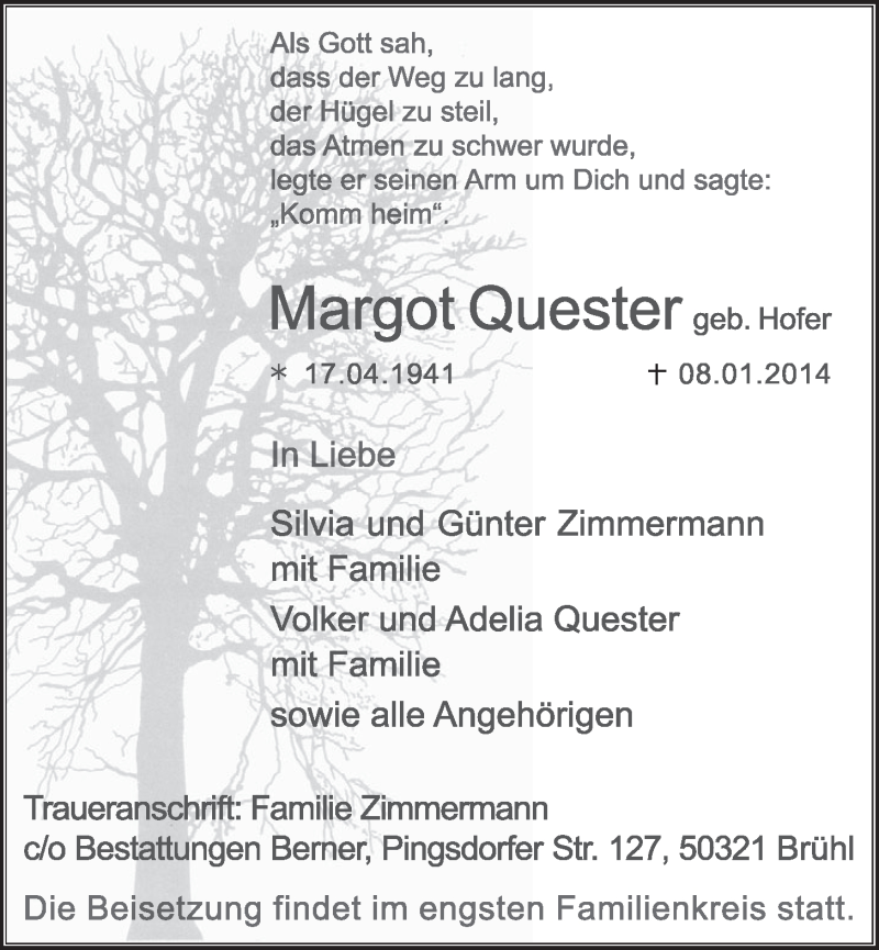  Traueranzeige für Margot Quester vom 22.01.2014 aus  Schlossbote/Werbekurier 