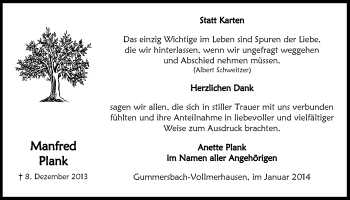 Anzeige von Manfred Plank von  Anzeigen Echo 