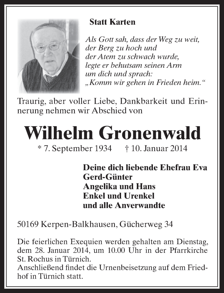  Traueranzeige für Wilhelm Gronenwald vom 22.01.2014 aus  Werbepost 