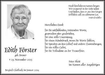 Anzeige von Edith Förster von  Bergisches Handelsblatt 