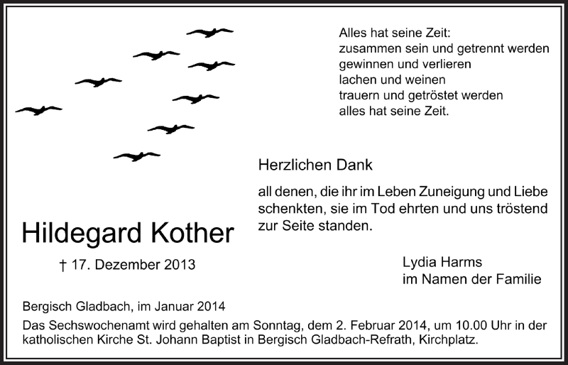 Traueranzeige für Hildegard Kother vom 22.01.2014 aus  Bergisches Handelsblatt 
