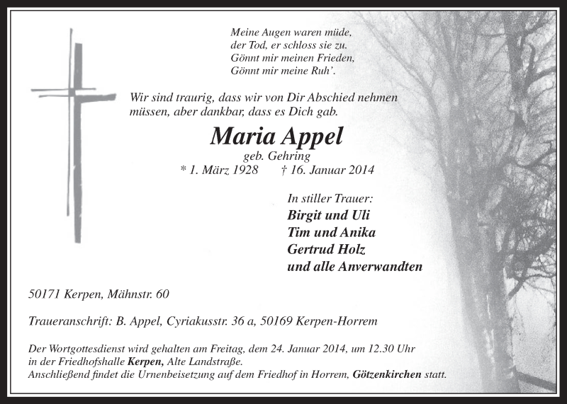  Traueranzeige für Maria Appel vom 22.01.2014 aus  Werbepost 