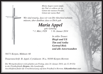 Anzeige von Maria Appel von  Werbepost 
