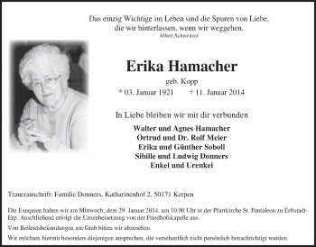 Anzeige von Erika Hamacher von  Werbepost 