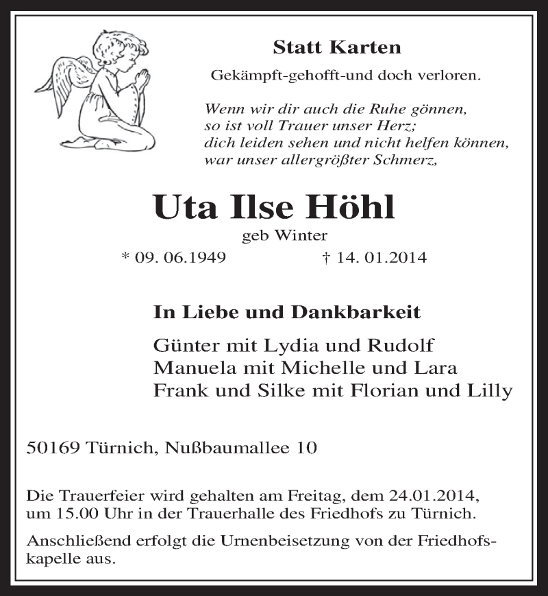 Traueranzeige für Uta Ilse Höhl vom 22.01.2014 aus  Werbepost 