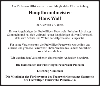 Anzeige von Hans Wolf von  Wochenende 
