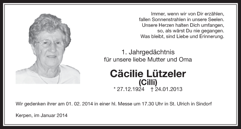  Traueranzeige für Cäcilie Lützeler vom 22.01.2014 aus  Werbepost 