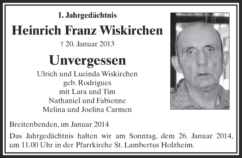  Traueranzeige für Heinrich Franz Wiskirchen vom 19.01.2014 aus  Blickpunkt Euskirchen 