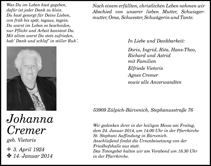  Traueranzeige für Johanna Cremer vom 19.01.2014 aus  Blickpunkt Euskirchen 
