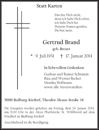 Anzeige von Gertrud Brand von  Werbepost 