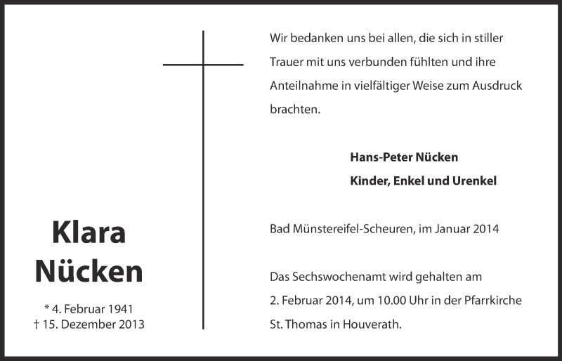  Traueranzeige für Klara Nücken vom 22.01.2014 aus  Schaufenster/Blickpunkt 