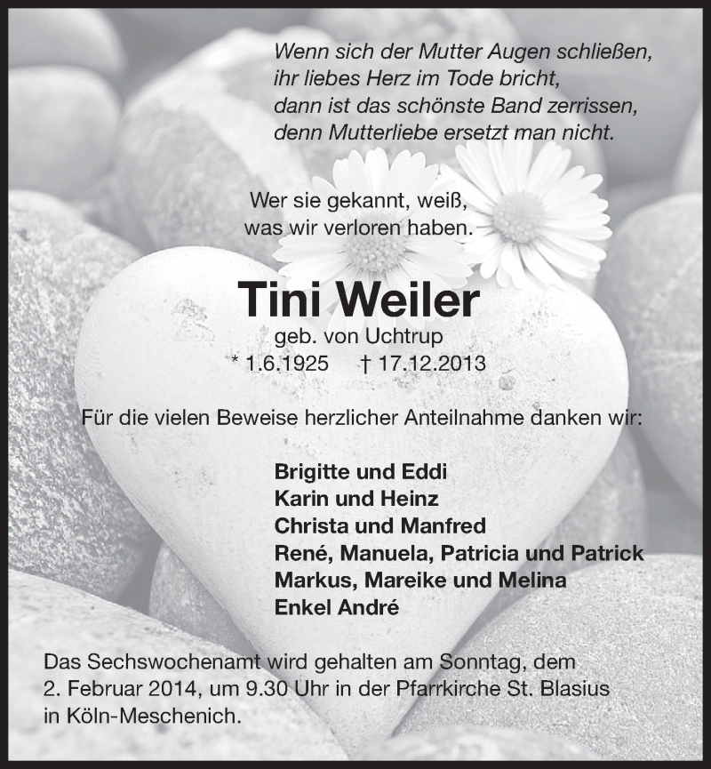  Traueranzeige für Tini Weiler vom 29.01.2014 aus  Schlossbote/Werbekurier 
