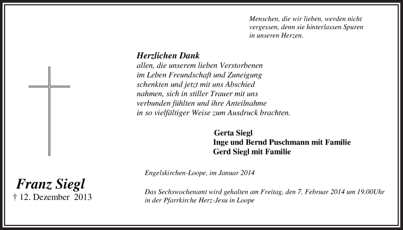  Traueranzeige für Franz Siegl vom 22.01.2014 aus  Anzeigen Echo 