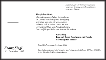 Anzeige von Franz Siegl von  Anzeigen Echo 