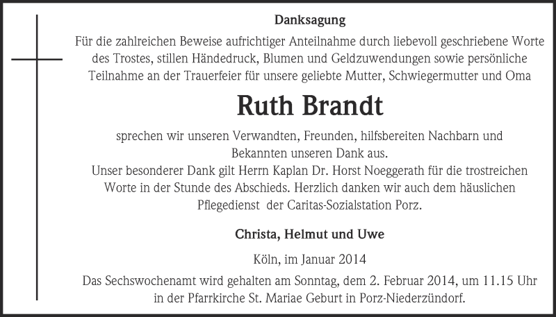  Traueranzeige für Ruth Brandt vom 22.01.2014 aus  Kölner Wochenspiegel 