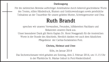 Anzeige von Ruth Brandt von  Kölner Wochenspiegel 