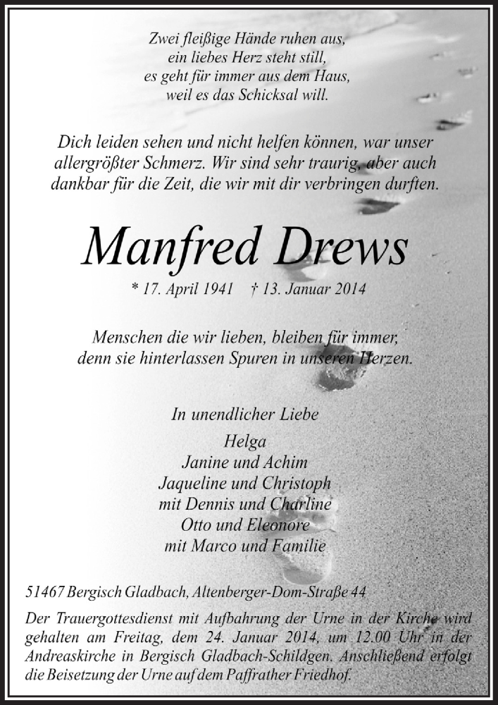  Traueranzeige für Manfred Drews vom 22.01.2014 aus  Bergisches Handelsblatt 