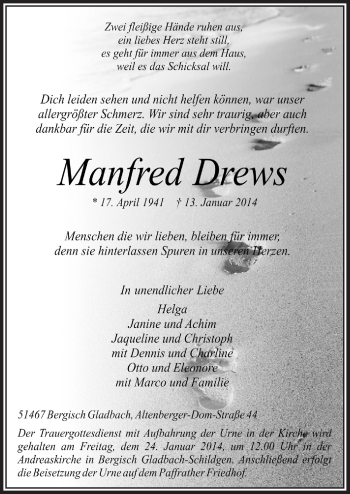 Anzeige von Manfred Drews von  Bergisches Handelsblatt 