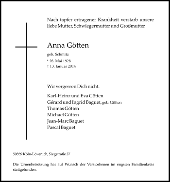 Anzeige von Anna Götten von  Kölner Wochenspiegel 