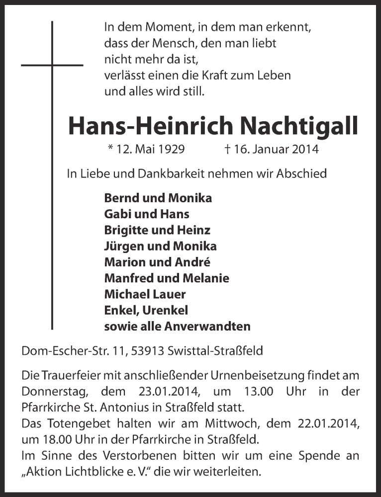  Traueranzeige für Hans-Heinrich Nachtigall vom 19.01.2014 aus  Blickpunkt Euskirchen 