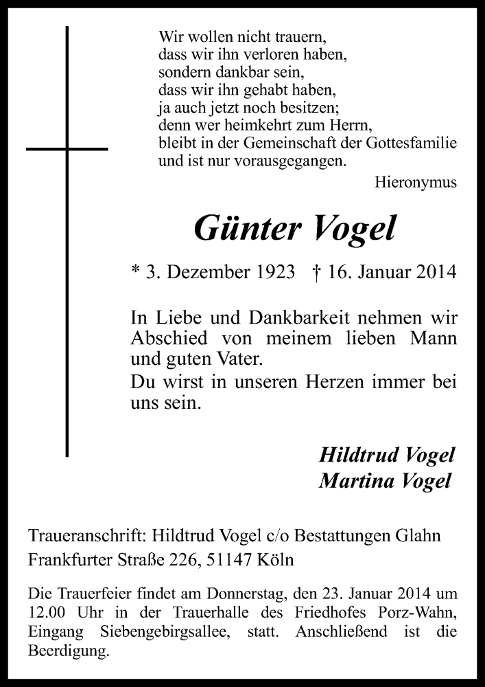 Traueranzeige für Günter Vogel vom 22.01.2014 aus  Kölner Wochenspiegel 
