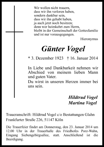 Anzeige von Günter Vogel von  Kölner Wochenspiegel 
