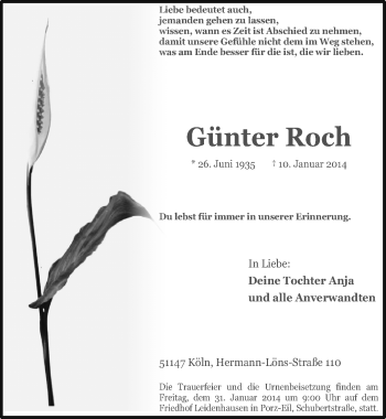 Anzeige von Günter Roch von  Kölner Wochenspiegel 