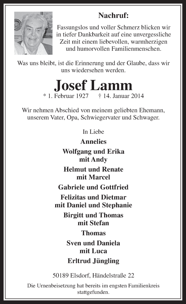  Traueranzeige für Josef Lamm vom 29.01.2014 aus  Werbepost 