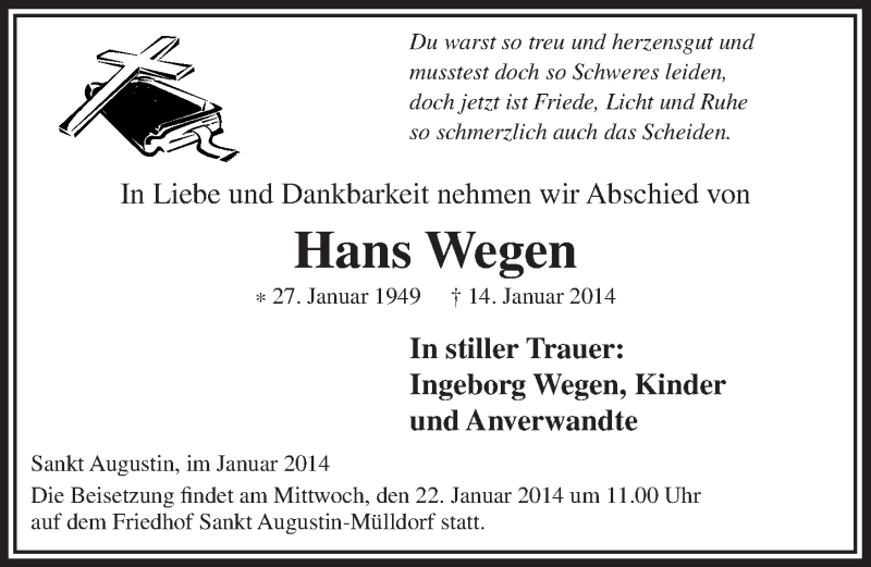  Traueranzeige für Hans Wegen vom 22.01.2014 aus  Extra Blatt 