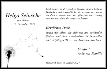 Anzeige von Helga Seinsche von  Lokalanzeiger 