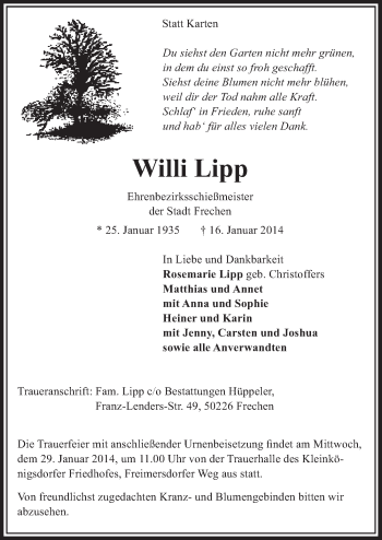 Anzeige von Willi Lipp von  Sonntags-Post 