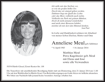 Anzeige von Anneliese Meul von  Wochenende 