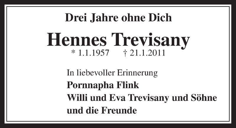  Traueranzeige für Hennes Trevisany vom 22.01.2014 aus  Wochenende 