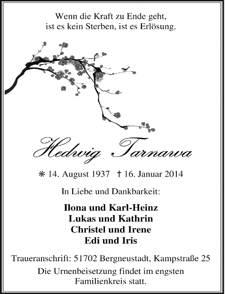  Traueranzeige für Hedwig Tarnawa vom 22.01.2014 aus  Anzeigen Echo 