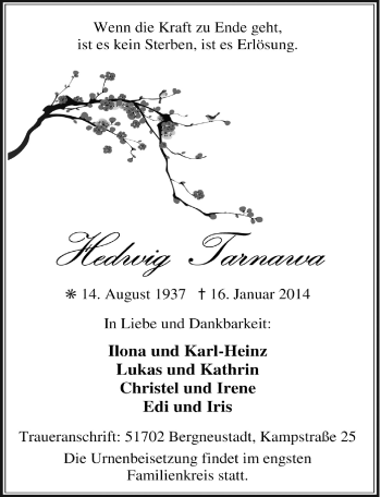 Anzeige von Hedwig Tarnawa von  Anzeigen Echo 