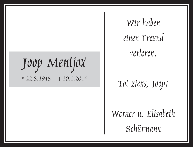  Traueranzeige für Joop Mentjox vom 22.01.2014 aus  Werbepost 