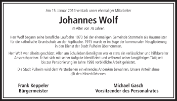Anzeige von Johannes Wolf von  Sonntags-Post 