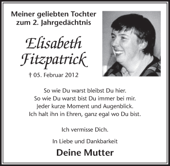 Anzeige von Elisabeth Fitzpatrick von  Sonntags-Post 