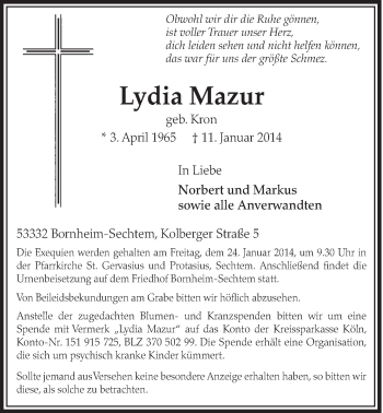 Anzeige von Lydia Mazur von  Schlossbote/Werbekurier 