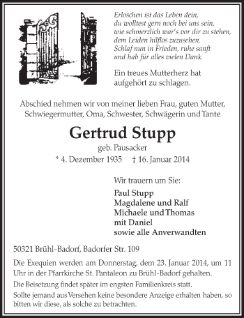 Anzeige von Gertrud Stupp von  Schlossbote/Werbekurier 