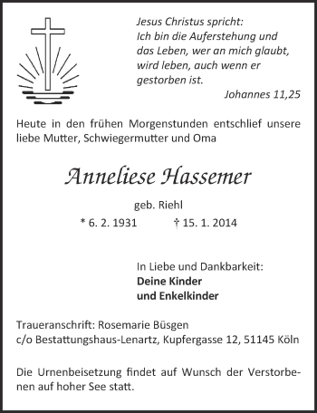 Anzeige von Anneliese Hassemer von  Kölner Wochenspiegel 