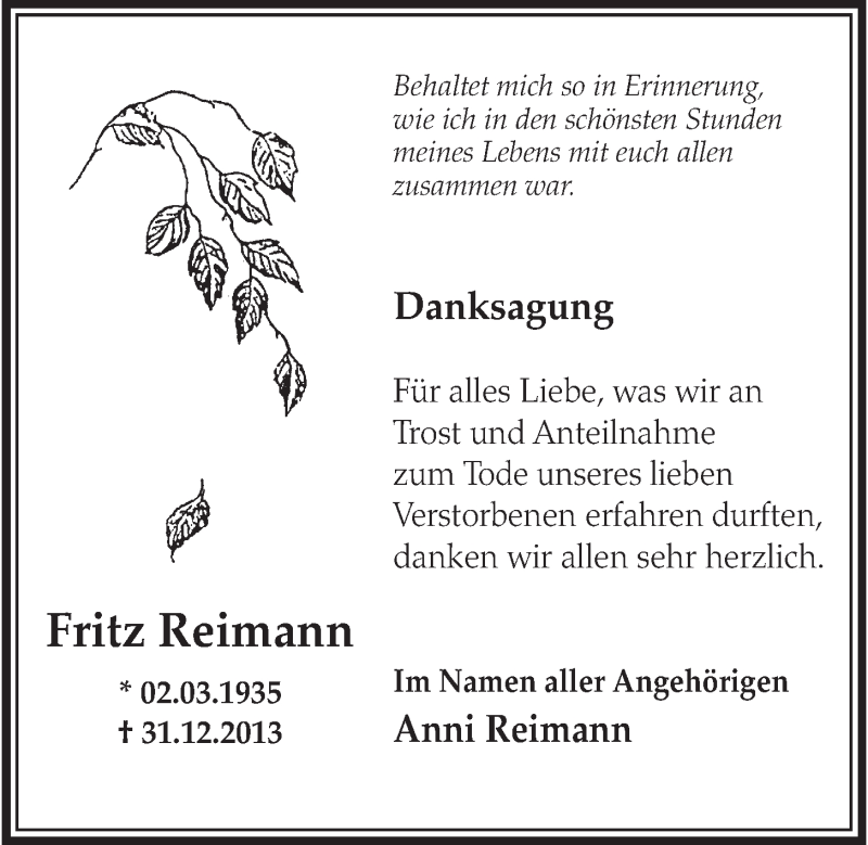  Traueranzeige für Fritz Reimann vom 22.01.2014 aus  Schlossbote/Werbekurier 