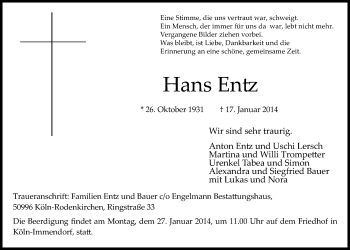 Anzeige von Hans Entz von  Kölner Wochenspiegel 